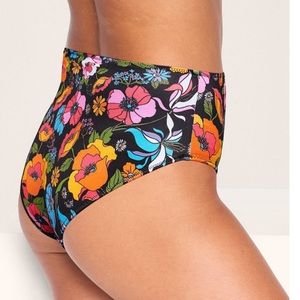 Pink High Waist Bikini Bottom -Black Retro Flowers